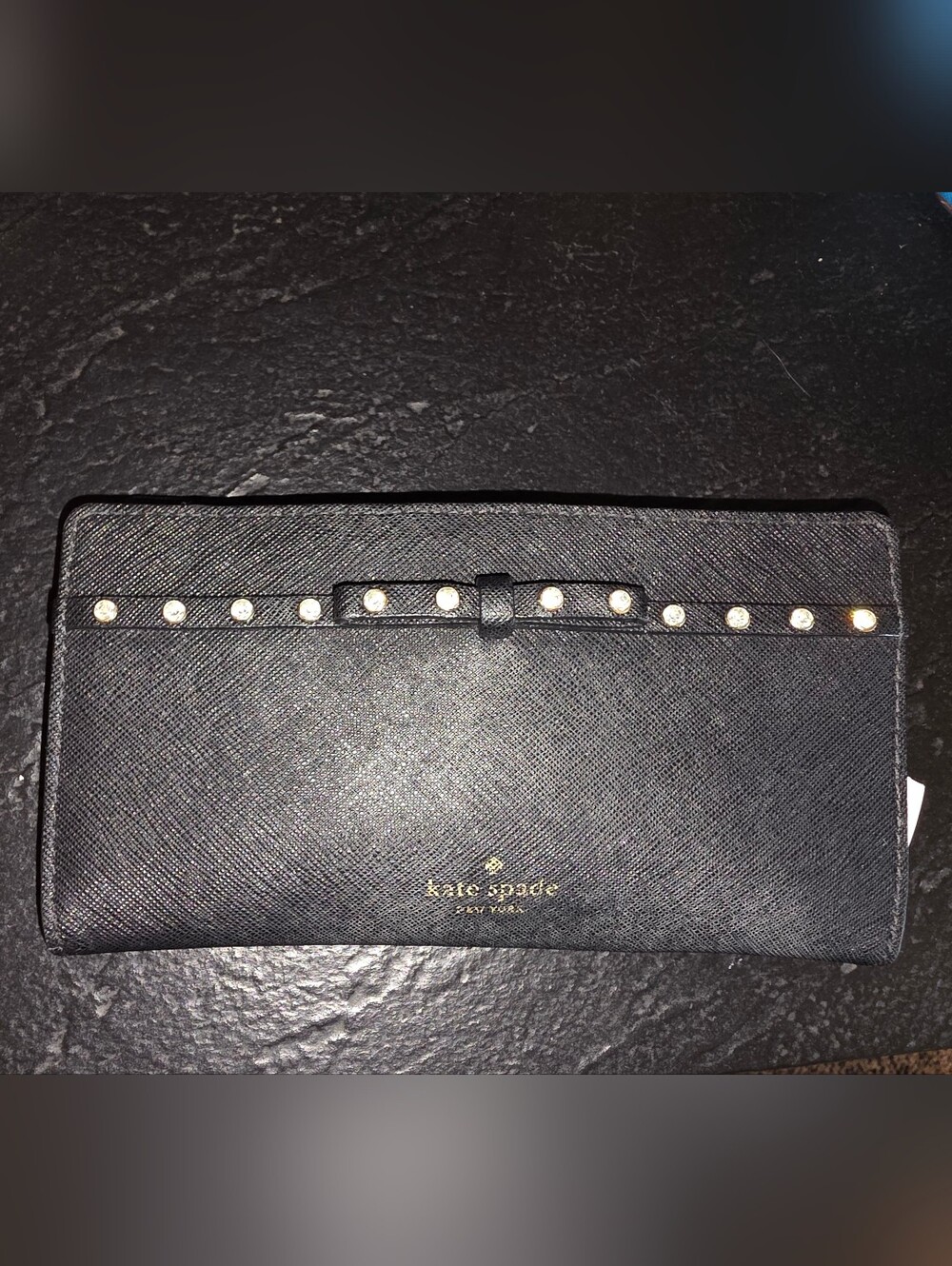 Kate Spade Stacy Laurel Way Jeweled Black Wallet Studded Bow